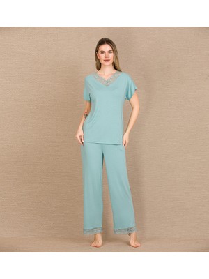 Civetta Viskonşık Tasarım Dantel Işlemeli Mint Yeşil Kısa Kol Pijama Takımı