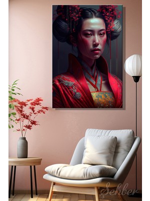 Şehber Dikey Kanvas Tablo Tekli Salon Yatak Odası Ofis Geleneksel Japon Kıyafetli Kadın Portre 1732
