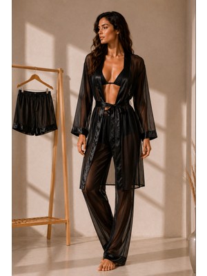 Qmen Style Şifon3'lü Set Kimono,pijama ve Şort