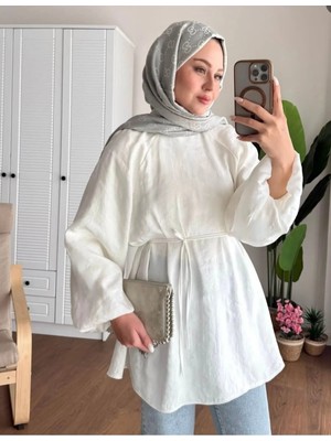Moonsc Kadın Balon Kol Bel Bağlamalı Pamuklu Bisiklet Yaka Standrt Beden Beyaz Tunik Tesettür Gömlek