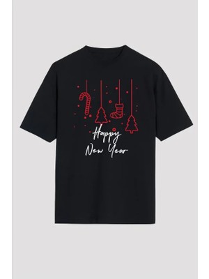 Civetta Yılbaşı Happy New Year Baskılı Kısa Kollu Oversize Bisiklet Yaka T-Shirt - Siyah