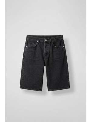 Abluka Online Erkek Eskitme Yıkamalı Baggy Jean Şort Siyah