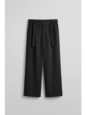 Abluka Online Erkek Yüksek Bel Kuşaklı Pamuklu Baggy Pantolon Siyah