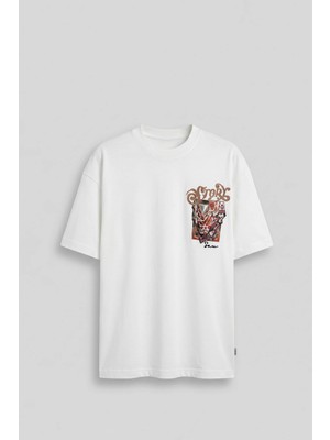 Abluka Online Erkek Oversize Etnik Desenli 3D Sırt Baskılı T-Shirt Beyaz
