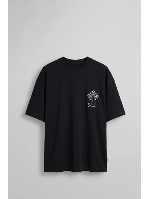 Abluka Online Erkek Oversize Bozkır Atı 3D Sırt Baskılı T-Shirt Siyah