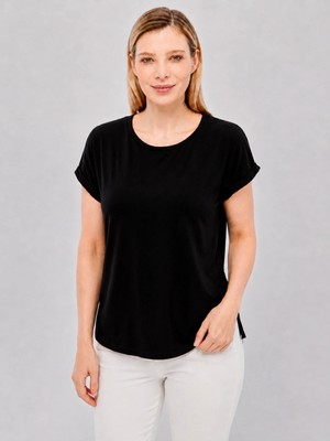 Curvy Trend Büyük Beden Yuvarlak Yaka Manşet Detaylı Kısa Kol Yan Yırtmaçlı Bluz