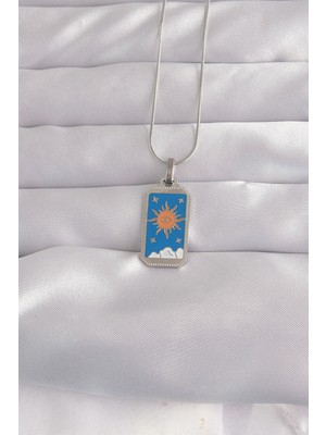 Techugo 316L Çelik Gümüş Renk Mavi Mineli Güneş Model Tarot Kolye -1492