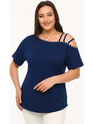 Curvy Trend Büyük Beden Inci Işlemeli Asimetrik 3 Askı Biyeli Kısa Kol Bluz