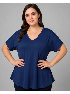 Curvy Trend Büyük Beden V Yaka Kısa Kol Geniş Etekli Bluz