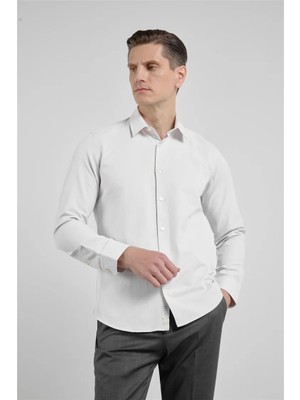 İmza Bej Kendinden Desenli Sert Yaka Uzun Kol Cepsiz Slim Fit Pamuklu Gömlek 1004255283