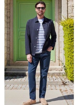 İmza Beyaz-Lacivert Bisiklet Yaka Kısa Kol Cepsiz Slim Fit Pamuklu Tişört 1011260160