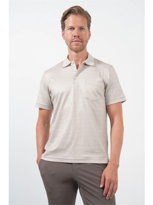 İmza Bej-Beyaz Kendinden Desenli Polo Yaka Kısa Kol Cepli Comfort Fit Pamuklu Tişört 1011260152