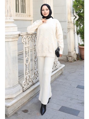 Missvalle Taş Detaylı Triko Takım Beyaz 6148