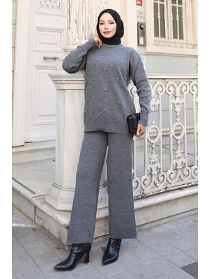 Missvalle Taş Detaylı Triko Takım Gri 6148