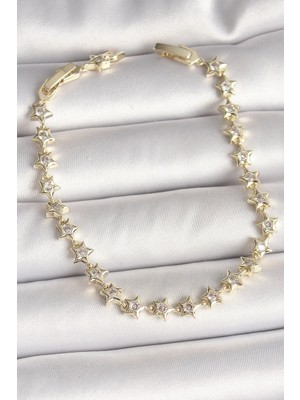 Uravas Store Ietaks™ Pirinç Gold Renk Zirkon Taşlı Yıldız Model Vıp Seri Kadın Bileklik