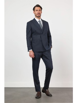 İmza Lacivert Kılıç Yaka Kendinden Desenli 6 Drop Slim Fit Esnek Takım Elbise 1001260159