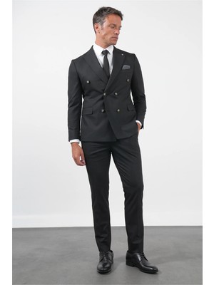 İmza Siyah-Gri Kırlangıç Yaka Kruvaze 6 Drop Slim Fit Tam Astar Esnek Takım Elbise 1001260173