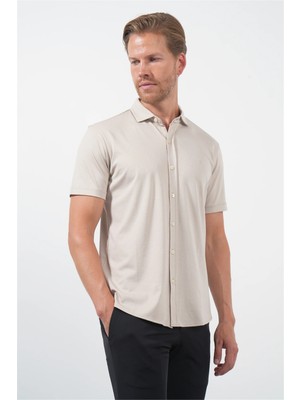 İmza Bej Italyan Yaka Kısa Kol Cepsiz Slim Fit Pamuklu Gömlek 1004260158