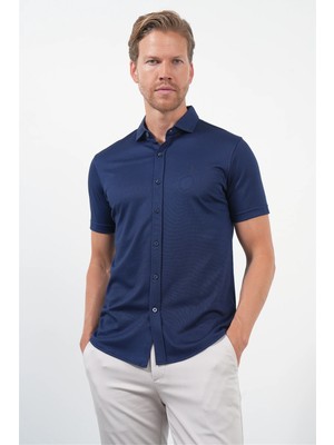 İmza Lacivert Italyan Yaka Kısa Kol Cepsiz Slim Fit Pamuklu Gömlek 1004260158