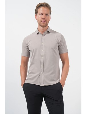 İmza Bej Italyan Yaka Kısa Kol Cepsiz Slim Fit Esnek Gömlek 1004260159