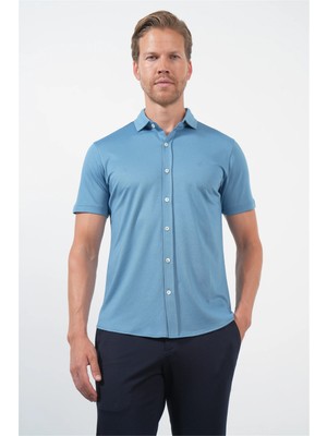 İmza Mavi Italyan Yaka Kısa Kol Cepsiz Slim Fit Pamuklu Gömlek 1004260158