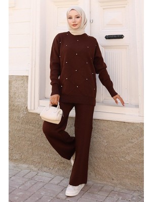 Missvalle Taş Detaylı Triko Takım Kahverengi 6148