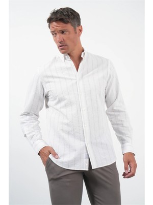 İmza Beyaz-Haki Yumuşak Yaka Uzun Kol Slim Fit Pamuklu Gömlek 1004260259