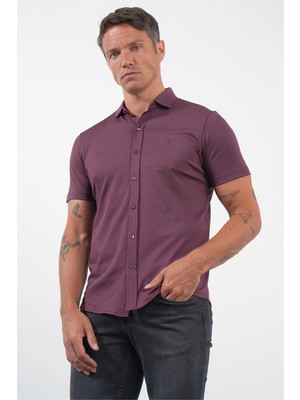 İmza Bordo Italyan Yaka Kısa Kol Cepsiz Slim Fit Pamuklu Gömlek 1004260158