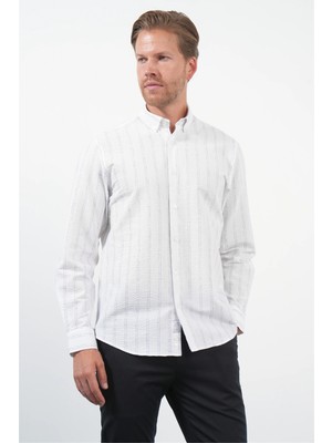 İmza Beyaz-Antrasit Yumuşak Yaka Uzun Kol Slim Fit Pamuklu Gömlek 1004260260