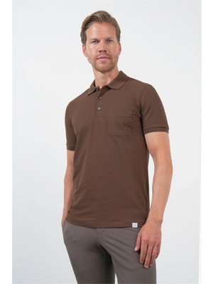 İmza Kahverengi Polo Yaka Kısa Kol Cepli Comfort Fit Pamuklu Tişört 1011260155