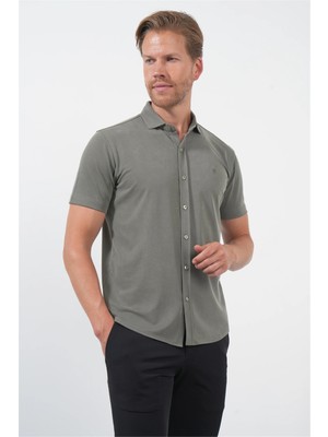İmza Haki Italyan Yaka Kısa Kol Cepsiz Slim Fit Esnek Gömlek 1004260159