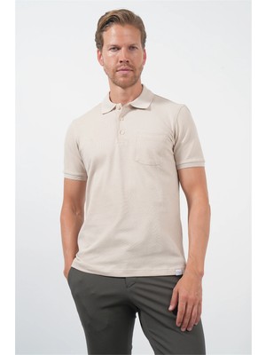 İmza Bej Polo Yaka Kısa Kol Cepli Comfort Fit Pamuklu Tişört 1011260155