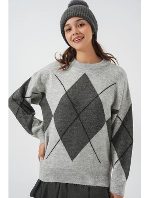 Hiccup Kadınlar Bdart Oversize Argyle Bisiklet Yaka Kazak Gri