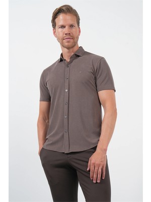 İmza Kahverengi Italyan Yaka Kısa Kol Cepsiz Slim Fit Esnek Gömlek 1004260159