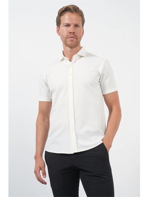 İmza Beyaz Italyan Yaka Kısa Kol Cepsiz Slim Fit Esnek Gömlek 1004260159