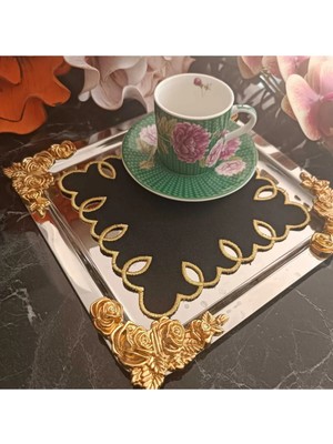 Lasetu Adreanna Gold Sim Işlemeli Siyah Kumaş Kahve Yanı, Sunum Peçetesi ve Kokteyl Peçetesi 6 Adet