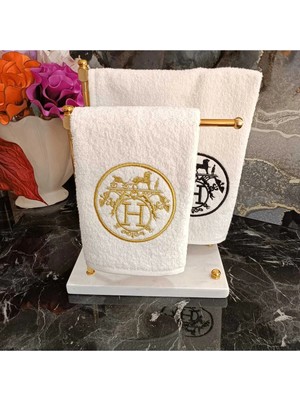 Lasetu Siyah ve Gold Nakış Detaylı Mutfak Havlusu ve Banyo Havlusu 2 Adet