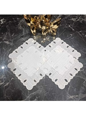 Lasetu Adreanna Beyaz Renk Işlemeli Kahve Yanı, Sunum Peçetesi ve Kokteyl Peçetesi 4 Adet