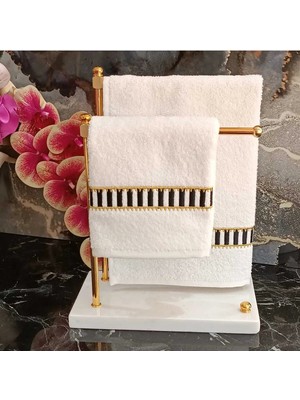 Lasetu Pip Studio Desenli Siyah Beyaz ve Gold Detaylı Nakışlı Dekoratif Mutfak ve Banyo Havlusu 2 Adet