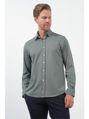 İmza Haki Tulum Yaka Uzun Kol Cepsiz Örme Slim Fit Pamuklu Gömlek 1004260208