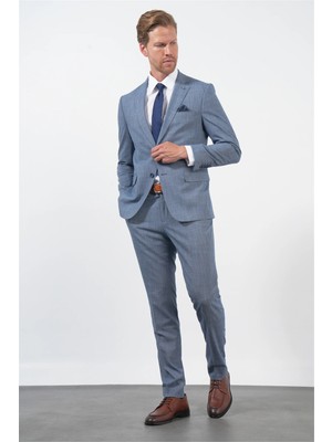 İmza Lacivert-Beyaz Mono Yaka Düz Bez Ayağı 6 Drop Slim Fit Esnek Takım Elbise 1001260172