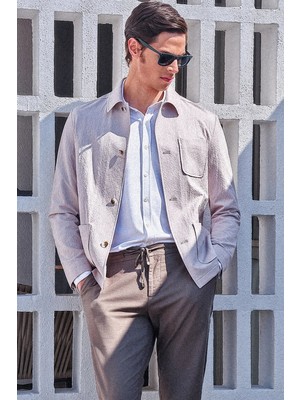 İmza Bej Berberi Yaka Çizgili Desen Gofreli Slim Fit Casual Mont 1007260153