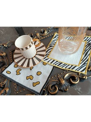 Lasetu Leopar ve Zebra Desenli Gold Simli Kahve Yanı Peçete Sunum Peçetesi Kokteyl Peçete 2 Adet