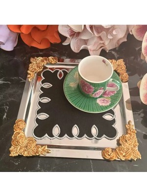 Lasetu Adreanna Silver Sim Işlemeli Siyah Kahve Yanı, Sunum Peçetesi ve Kokteyl Peçetesi 6 Adet