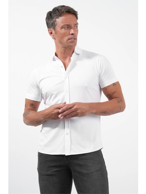 İmza Beyaz Italyan Yaka Kısa Kol Cepsiz Slim Fit Pamuklu Gömlek 1004260158