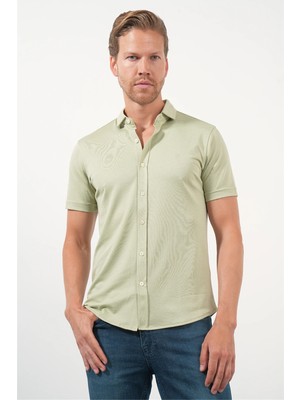 İmza Yeşil Italyan Yaka Kısa Kol Cepsiz Slim Fit Pamuklu Gömlek 1004260158