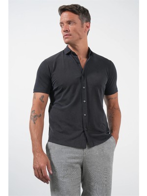 İmza Siyah Italyan Yaka Kısa Kol Cepsiz Slim Fit Esnek Gömlek 1004260159