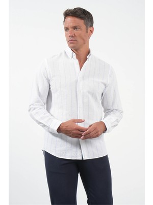 İmza Beyaz-Mavi Yumuşak Yaka Uzun Kol Slim Fit Pamuklu Gömlek 1004260259