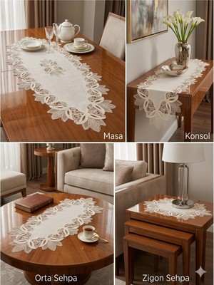 NEEA HOME Gardenya Kumaş Fransız Dantel 5’li Salon Takımı Keten Görünümlü Ekru Runner Sehpa Örtü Seti
