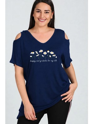 Curvy Trend Büyük Beden Daisies Baskılı Omuzu V Pencere Kısa Kol Bluz